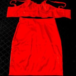 Red lace skirt set.